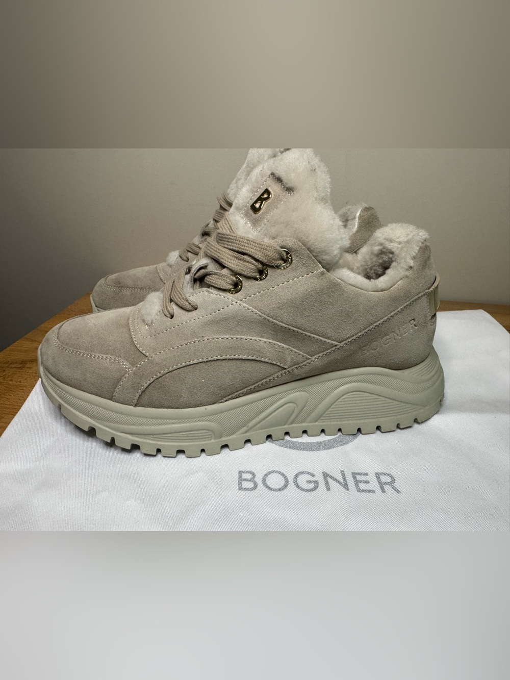Bogner Shearling-Lined Suede Chunky Sneakers Taupe Beige – EU 42 US 10
